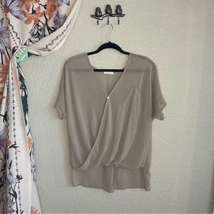 Phanuel Sheer Olive Green Slouchy Top with Asymmetrical Pocket